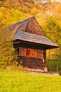 Wooden house in Podsip mountain village during morning in Sipska Mala Fatra mountains Royalty Free Stock Photo