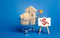 Wooden houses in a shopping cart and an easel with a red dollar arrow down chart. Fall of real estate market. Cheap rent. Reduced Royalty Free Stock Photo