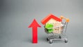 Wooden houses in a shopping cart and red arrow up. The concept of increasing the cost of housing. High demand for real estate. The Royalty Free Stock Photo