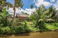 Wooden houses on stilts with palm on riverbank in indonesia Royalty Free Stock Photo