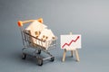 Wooden houses in a supermarket cart and red up arrow. Growing demand for housing and real estate. The growth of population.