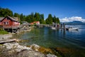 Wooden houses surrounded by greens under the blue sky in Bamfield, British Colombia