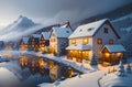 wooden houses with warm lights isometric scene in winter