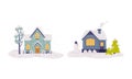 Wooden houses in winter landscape with glowing windows. snowy rooftops and smoke in chimney flat vector illustration