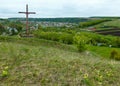 Wooden cross near spring Rukomysh Cave temple, Ternopil Region,