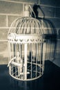 Wooden Human Manikin locked inside a white ornamental bird cage