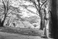 A Wooden Human Manikin standing relaxing watching a river outdoors, Fort Portal