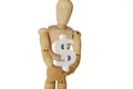 Wooden human mannequin holding dollar sign. Royalty Free Stock Photo