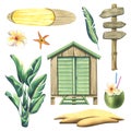 Wooden hut, beach house, surfboard, palm tree, plumeria flowers, pointer, sandy island, starfish and beach cocktail Royalty Free Stock Photo