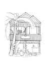 Wooden hut with hammock handdrawn sketch. Tropical island house architecture. Black white travel sketch.