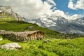 Wooden hut high in the mountains near Oeschinensee lake Royalty Free Stock Photo