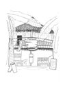 Wooden hut with hotel handdrawn sketch. Tropical island house architecture. Black white travel sketch.