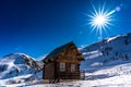 Wooden hut in mountains in ski resort isola 2000, france Royalty Free Stock Photo