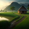 Wooden hut and paddy field at countryside. landscape with marshy paddy fields and a hut house. A view of a peaceful of Large Royalty Free Stock Photo