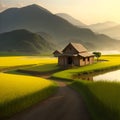 Wooden hut and paddy field at countryside. landscape with marshy paddy fields and a hut house. A view of a peaceful of Large Royalty Free Stock Photo