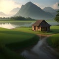 Wooden hut and paddy field at countryside. landscape with marshy paddy fields and a hut house. A view of a peaceful of Large Royalty Free Stock Photo