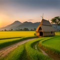 Wooden hut and paddy field at countryside. landscape with marshy paddy fields and a hut house. A view of a peaceful Royalty Free Stock Photo