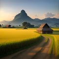 Wooden hut and paddy field at countryside. landscape with marshy paddy fields and a hut house. A view of a peaceful Royalty Free Stock Photo