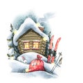 A wooden hut among the snow with a bag for gifts and skis, a hare and fir trees, the house of Santa Claus. Winter, new Royalty Free Stock Photo