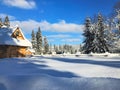 Wooden hut in snowy mountains on a sunny day. ChochoÃâowska Valley, Tatra Mountains, Poland, Europe