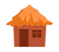 Wooden hut with thatched roof, cartoon style. Brown cabin with straw roof isolated on white, cozy home vector Royalty Free Stock Photo