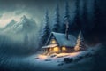 Wooden hut in wilderness surrounded by fir trees at night, snow