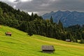 Farm sheds in mountains fall season landscape Royalty Free Stock Photo