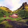 Wooden huts in icelandic mountains