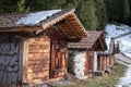 Wooden huts in the Lauterbrunnen Valley, Switzerland,  above the village of Wengen in the Swiss Alps. Royalty Free Stock Photo