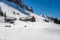 Wooden huts in the snow in the Appenzell Alps, Schwaegalp, Switzerland