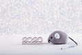 Wooden icon with 2020 digits and little toy gray mouse - Chinese symbol of New Year on white glitter sparkling background with