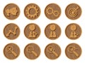 Wooden icons 3D on a round wooden background. Part five