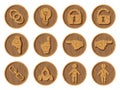 Wooden icons 3D on a round wooden background. Part four