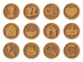 Wooden icons 3D on a round wooden background. Part one