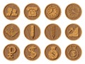 Wooden icons 3D on a round wooden background. Part seven