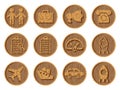 Wooden icons 3D on a round wooden background. Part six