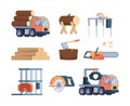 Wooden industry. Lumber axe sawmill timber forestry production woodcutter collections garish vector flat pictures set