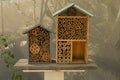 Wooden Insect House, Decorative Bug Hotel, Ladybird And Bee, Fly. Compartments And Natural Royalty Free Stock Photo