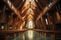 Wooden interior cathedral ancient. Generate Ai