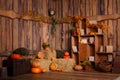 Wooden interior with pumkins, autumn leaves and flowers. Halloween and thanksgiving decoration. Royalty Free Stock Photo