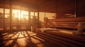 the wooden interior in the sauna. the well-crafted wooden benches and walls, emphasizing the natural and rustic beauty