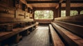 the wooden interior in the sauna. the well-crafted wooden benches and walls, emphasizing the natural and rustic beauty
