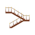 Wooden interior staircases with handrails. Half-pace stairs with golden decoration, modern building element. Flat vector