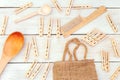 Wooden items on a wooden background. Zero waste