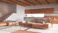 Wooden japandi living room and kitchen in white and orange tones with resin floor and beams ceilings. Sofas and carpets, island Royalty Free Stock Photo