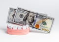 Wooden jaw model with US dollar bills. Financial expenses for teeth treatment and implantation concept. Royalty Free Stock Photo