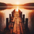 Wooden jetty protrudes into the lake during sunset Royalty Free Stock Photo