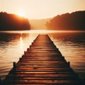 Wooden jetty protrudes into the lake during sunset Royalty Free Stock Photo