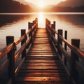 Wooden jetty protrudes into the lake during sunset Royalty Free Stock Photo