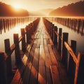 Wooden jetty protrudes into the lake during sunset Royalty Free Stock Photo